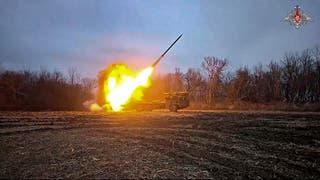 A Russian self-propelled multiple rocket launcher Uragan (Hurricane) is fired toward Ukrainian position at an undisclosed location in the Kursk region border area